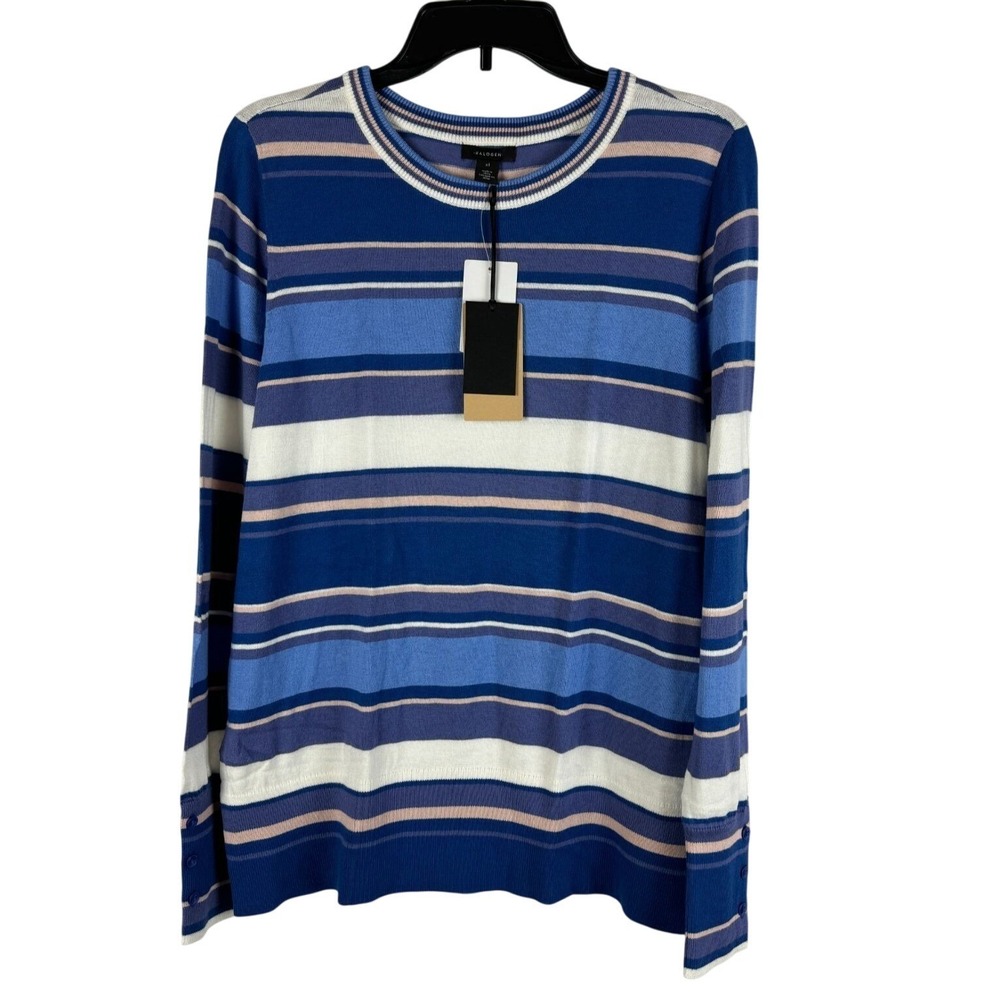 Halogen Sweater Striped Pullover Womens XL Blue Multi Button Cuff NWT